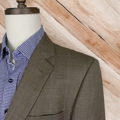 Joseph & Feiss Gold Sport Coat Blazer Mens 44L Brown Blue Glen Plaid 2 Button - Image 1 of 4