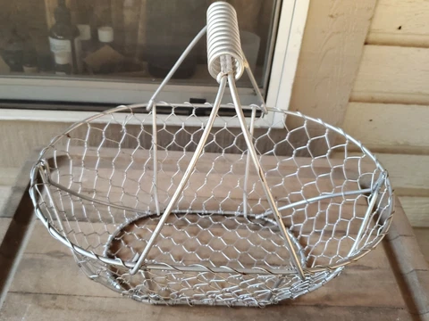 Vintage 12" Ornate Woven Chicken Wire Oval Basket Handle French Farmhouse Cover