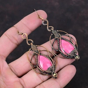 Thulite Stone Wire Wrapped Mother Art Deco Drop Dangle Earrings Jewelry Copper - Picture 1 of 6