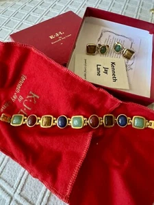 Vintage Kenneth Jay Lane Scarab Gold Plated Gemstone Bracelet 7.5 Clip Earrings - Picture 1 of 5
