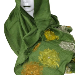 Womens Bright Green Wrap Scarf Feathered Fabric Appliques Yellow Orange Shawl - Picture 1 of 11
