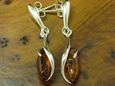 925 Argento Sterling Orecchini Pendenti Con Ambra Ricoperto / Vero / 2,8g - Immagine 1 di 3