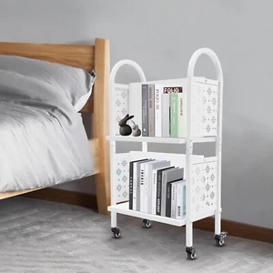 2Tiers Library Book Storage Cart Rolling Book Truck Book Cart W/ Handle+4 Wheels - Picture 1 of 16