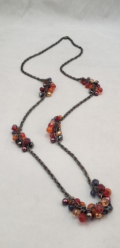 VETEMENTS Collana Catena Metallo Lunga Colorata Cluster Misto Acrilico Perline Argento Scuro Tono