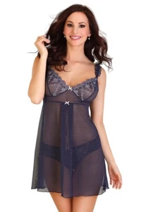 Lupoline M1589 edles Negligee dunkelblau halbtransparent gepunktet - Bild 1 von 3