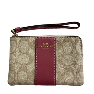 Coach Kalbsleder-Geldbörse khaki/dunkelfuchsia Signatur PVC Leder Eckreißverschluss - Bild 1 von 8