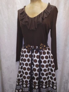 1960's Brown Nylon Jersey White Brown Polka Dot Mod Maxi Dress Mr. Kolbert M - Picture 1 of 10