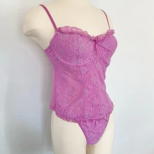 Y2K Victoria’s Secret corsetto elasticizzato in pizzo rosa caldo bustier camicetta top set L - Foto 1 di 6