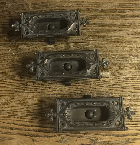 3 Stunning Antique Heavy Bronze Locking Window Lifts or Finger Pulls, c1890’s Cover