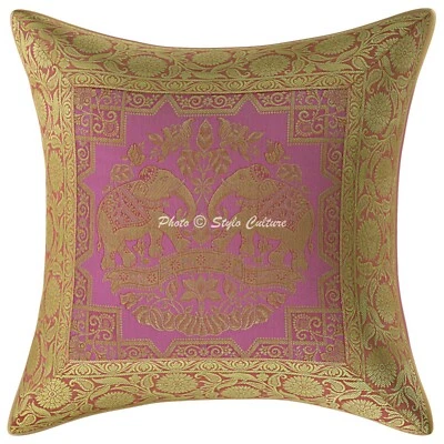 Indian Throw Pillow Case Pink 40 x 40 cm Jacquard Brocade Elephant Cushion Cover - Image 1 of 3