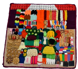 Vtg Peruvian Arpillera Handmade Folk Art Farmer Mkt Scene 3D Wall Tapestry 17 in - Picture 1 of 8