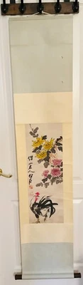 Pergamino colgante chino vintage "Gallo y flores" Attr. Qi Baishi Foto 1 de 4