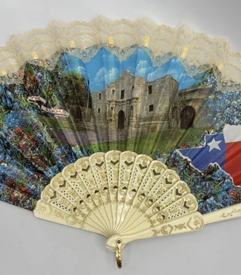 VTG The Alamo Texas Souvenir Folding Hand Fan, Lace Trim, Gold Accents, 18” Wide - Image 1 of 4