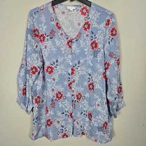 J Jill Womens Floral Button Up Top Size L Tall Blue 3/4 Sleeve Beachy Bloomcore - Picture 1 of 8