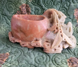 Intricate vintage hand carved Chinese soapstone  flower bud vase Vessel 5x2"  - Picture 1 of 9