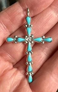 Vtg Zuni Cross Pendant Turquoise / Sterling Silver Silversmith Approx 2” Long - Picture 1 of 7