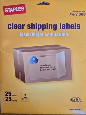 Staples Clear Shipping Labels 8-1/2" x 11" 25 Sheets, Laser/Inkjet compatible - Image 1 of 2