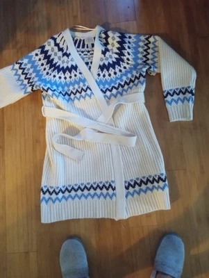 New Women'# Blue/White Belted St Johns Bay Wrap Sweater Coat Size Large $64 - Image 1 of 4