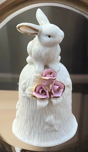 Vtg Bunny Rabbit Bell Ivory Porcelain Pink Roses Gold Trim Cozy Cottage Core - Picture 1 of 10