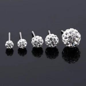 Womens CZ Crystal Disco Ball Stud Silver Sparkle Earrings Surgical Steel 2Pcs - Picture 1 of 7
