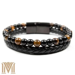 Tiger Eye & Onyx Beaded Leather Bracelet – Magnetic Clasp, Fits Wrists ≤ 6.5" - Picture 1 of 9