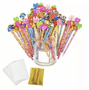 JZK 50 x Wooden HB pencils with cartoon erasers Toppers For Kids - Picture 1 of 3