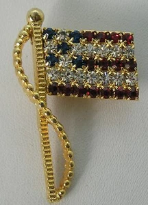 Vintage Red White & Blue Rhinestone Gold Tone USA American Flag Pin by Rafaelian - Picture 1 of 5