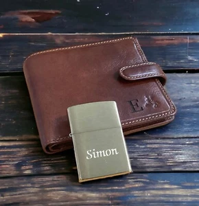 Personalised Mens Tan Leather RFID Wallet & Brushed Brass Zippo Gift Set - Picture 1 of 12