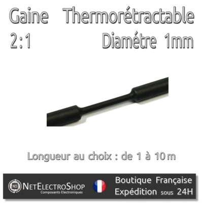WOER Gaine Thermorétractable 2:1 - Diam. 1 mm - Noir - 1 à 10m #002