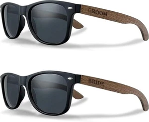 2 Pack Bride Groom Gifts Sunglasses Matte Wooden Polarized Set - Picture 1 of 2