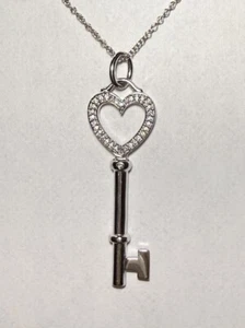 Tiffany & Co Diamond Heart Key Pendant W Chain 18Kt White Gold 18” Chain - Picture 1 of 4