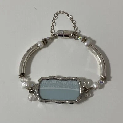 Переработанный синий фарфор сломанная керамика изделие браслет магнитные пресноводный жемчуг - Изображение 1 из 3