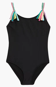 Beach Lingo L105130 Black Tied Up Braid Fringe One-Piece Swimsuit Girl's Size 7 - Picture 1 of 2