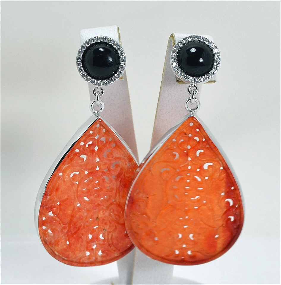 ORECCHINI IN ARGENTO 925 CON ONICE GIADA ARANCIO E ZIRCONI BIANCHI AGHT 0414 - Immagine 1 di 3