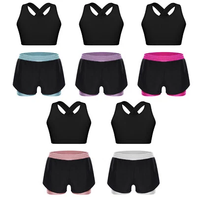 Kids Girls Outfit Gym Set Activewear Suit Ballet Keyhole Cross Back Training - Image 1 of 3