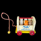 Vintage Playskool Wooden Milk Crate Wagon Carrier 5 Bottles Pull Toy Base READ
