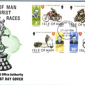 1974 Isla de Man Motocicleta Turismo Trofeo Carreras FDC Cubierta x4 Juego de Sellos + Tarjeta 7N - Imagen 1 de 5