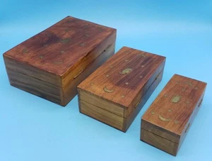3 x Vintage Indian ? Hand Carved Wooden Jewellery Trinket Boxes - Picture 1 of 9