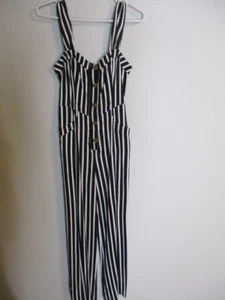 Free People Four City Girl Striped Wide Leg Pocket Jumpsuit Coastal Boho Black0 - Picture 1 of 7