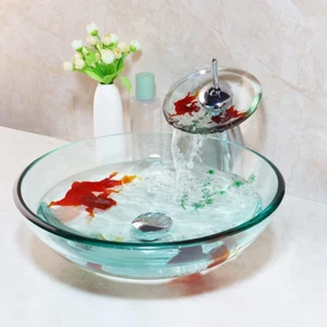 Clear Bathroom Sink Hand Painting Gold Fish Tempered Glass Vessel Sink Basin wit - Picture 1 of 8