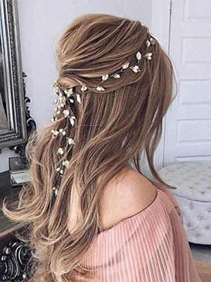 24in Long Pearl Leaves Gold Headband for Wedding Brides Hair Vine Wreath Brid... - Image 1 of 4