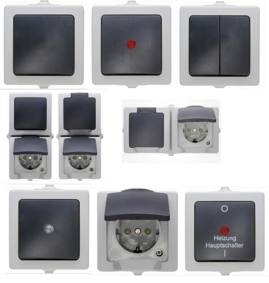 Kopp Nautic grau Schalter Steckdosen Taster Kombi Feuchtraum IP44 Aufputz - Bild 1 von 1