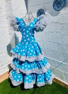 Abito flamenco vintage: blu bianco a pois, maniche corte, zingaro, vita 25" - Foto 1 di 8