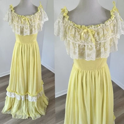 复古 60 年代 70 年代 Amy Rose California 黄色蕾丝长裙草原阅读 — 第 1/4 张图片