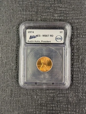 1974-P MS 67 RD Lincoln Memorial Cent ICG New White Hutto Signed White Label - Image 1 of 4