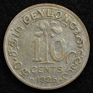 Ceylon 10 Cents 1925, Münze, Silber, Inv#H568 - Bild 1 von 2