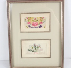 Antique Linen Floral Embroidered Handkerchiefs with letter dated 1918 Framed - Picture 1 of 10