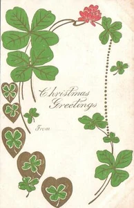 1907 VINTAGE EMBOSSED & Gold Gilt Lucky Four Leaf Clovers POSTCARD to Beatie - Bild 1 von 2
