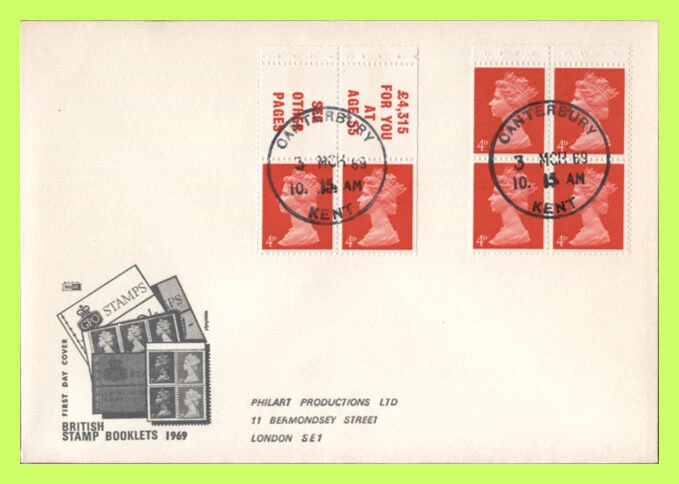 G.B. 1969 Booklet panes from 2/- book on First Day Cover. SCARCE - Image 1 of 1