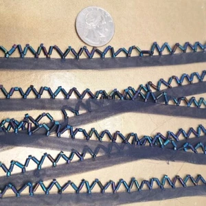 VINTAGE 1970 HEMATITE GLASS BUGLE BEAD EDGING TRIM ON ORGANZA BAND - Picture 1 of 4
